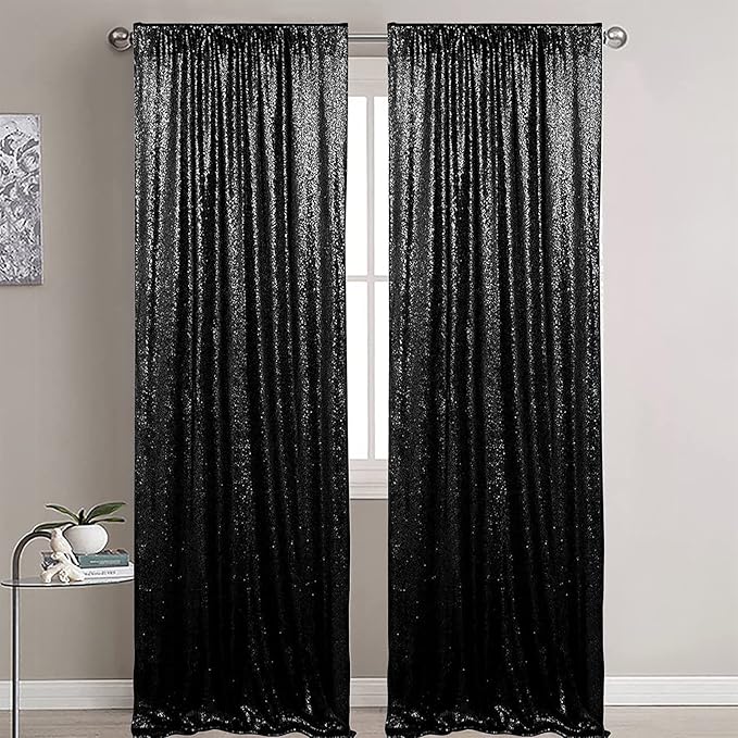 Black Sequin Backdrop Curtains 2 Panels 4FTx8FT Wedding Photo Backdrop Drapes Glitter Birthday Bridal Party Curtains Sparkle Background Party Decor Curtains Halloween Decoration