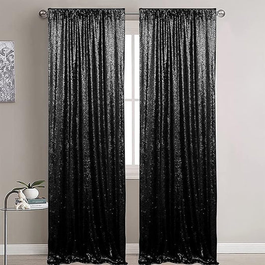 Black Sequin Backdrop Curtains 2 Panels 4FTx8FT Wedding Photo Backdrop Drapes Glitter Birthday Bridal Party Curtains Sparkle Background Party Decor Curtains Halloween Decoration