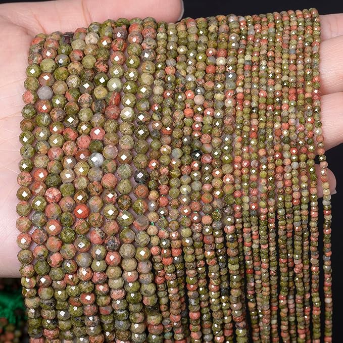 Song Xi 120pcs 3mm Natural Unakite Gemstone Beads Faceted Round Loose Stone Beads for Jewelry Making