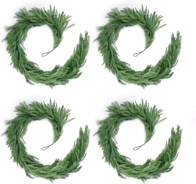 4 Pack Christmas Norfolk Pine Garlands 6FT, Real Touch Artificial Greenery Garland – Full Evergreen Pine Garland for Mantle, Fireplace, Table, Wall, Stairs & Outdoor Holiday Décor
