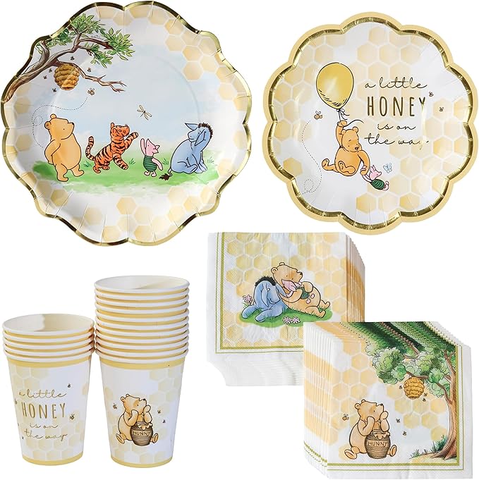 Kate Aspen Honey Bear 78-Piece Winnie Baby Shower Plates and Cups and Napkins Sets for 16 Guests, Classic Winnie Baby Shower Decorations Boy or Girl, Party Paper Plates & Party Supplies
