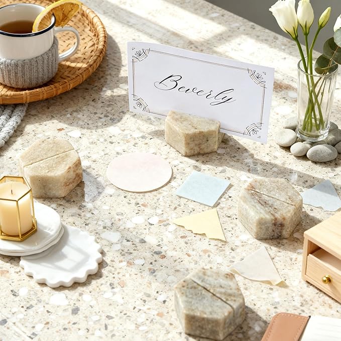 Marble Hexagon Place Card Holders, Exquisite Marble Photo Display Stands, 4 Piece Handmade Creative Card Stands, Multi-Use Place Sign Holders for Event Decor,Dinner Party and Wedding