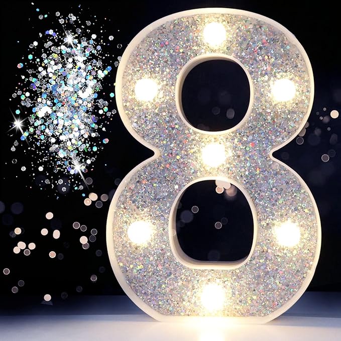 Pooqla Marquee Light up Numbers, Lighted Numbers for 8th Birthday Decorations, Night Light Battery Powered for Silver Party Decorations, Gift for Boys Girls Christmas Wedding Home Room Decoration