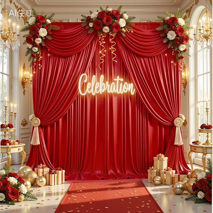 PartyVillage 20x10FT Red Sequin Christmas Backdrop Curtain -4 Panels 5x10FT Wrinkle Free Shimmer Back Drop Cloth, Glitter Backdrop Drapes for Photography, Birthday, Wedding, Christmas Background