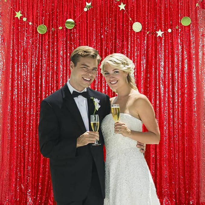 Red Sequin Backdrop Curtain 2FTX8FT 2 Panels Sparkly Backdrop Drapes Polyester Photo for Wedding Christmas Party Decorations