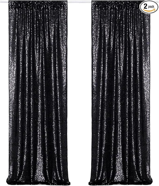 Poise3EHome Black Sequin Backdrop Curtains, 2 Panels 2FTx8FT Glitter Photo Booth Backdrop for Halloween Birthday Bachelorette Wednesday Twilight Party Decorations