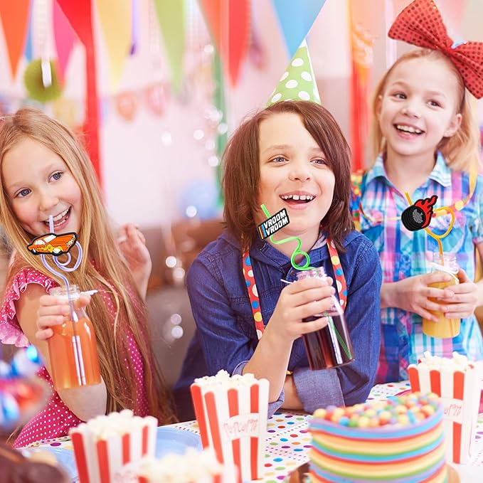 24 PCS Race Car Drinking Crazy Straws for Kids Racing Pit Crew Checkered Flag Race Car Themed Birthday Party Supplies Favors Decorations with 24 PVC Cute Charm, 2 Cleaning Brushes Reusable Straw