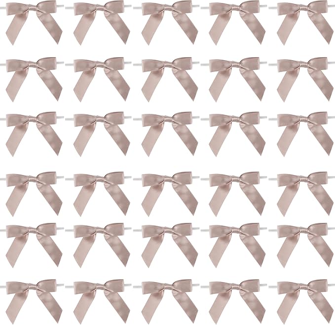 AIMUDI Dusty Rose Ribbon Bows Wedding Decor 2.5" Pretied Small Pink Bows for Crafts Premade Satin Twist Tie Bows for Treat Bags Cake Pop Bows Mini Bows for Gift Wrapping Candy Apples - 50 Counts
