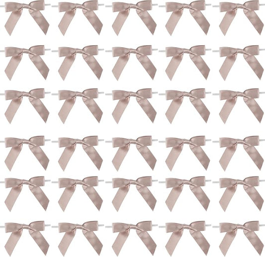 AIMUDI Dusty Rose Ribbon Bows Wedding Decor 2.5" Pretied Small Pink Bows for Crafts Premade Satin Twist Tie Bows for Treat Bags Cake Pop Bows Mini Bows for Gift Wrapping Candy Apples - 50 Counts