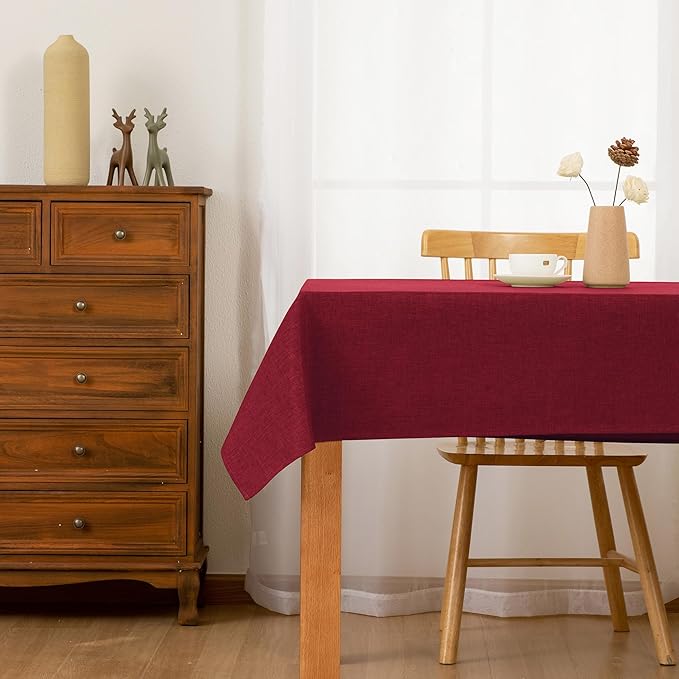 Hiasan Faux Linen Rectangle Tablecloth - Wrinkle and Stain Resistant Washable Table Cloth for Kitchen Dining Room Holiday Table Cover for Dinner, Red, 60 x 84 Inch