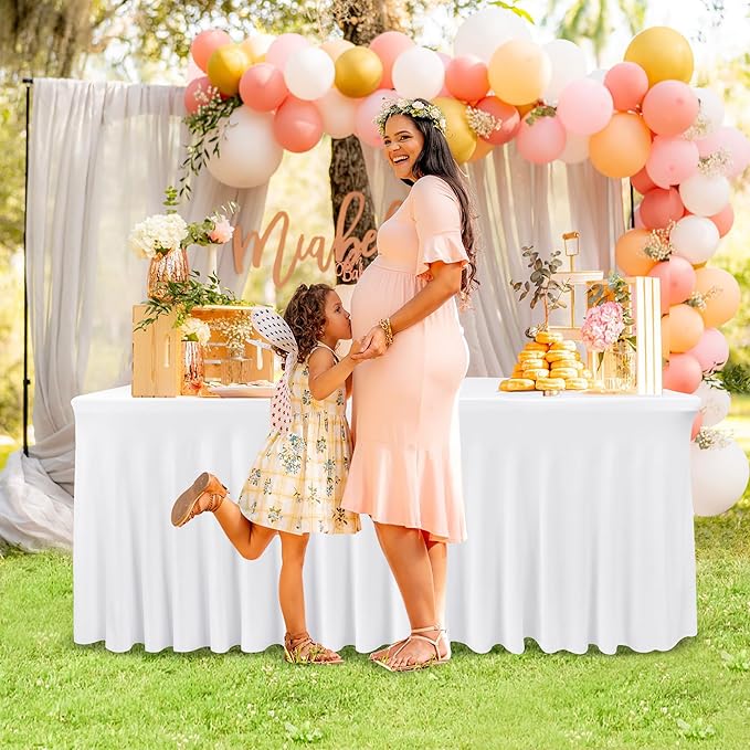 Nasitos White Table Skirt for 6 Foot Rectangle Tables, 4 Pack - 72 x 30 Inch - Stretch Spandex Fitted Table Clothes, Fabric Table Covers Cocktail Tablecloths for Party, Banquet, Birthday