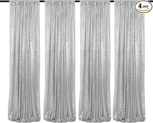 JYFLZQ Silver Sequin Backdrop Curtains 2ft x 8ft 4 Panel Glitter Photo Booth Backdrops Sparkly Photography Background Drapes for Parties Wedding Bridal Showers