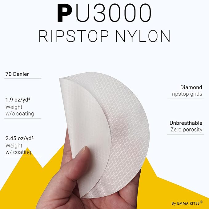 emma kites White Ripstop Nylon PU3000 Waterproof 1.9 oz 70D Diamond Grid Tear Resistant for Tent Rainfly Rain Kilt Poncho Dry Bag Backpack Bike Cover (Selvedge Removed) Pre-Cut 1 Yard