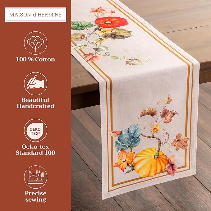 Maison d' Hermine Table Runner 100% Cotton Single Layer Table Runners 108 inches Long for Thanksgiving Christmas Decorations Home Kitchen Dining Party Wedding (Potiron, 14.5" x 108")
