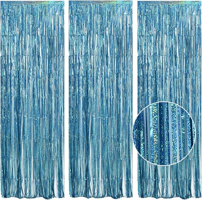 TONIFUL 3Pcs Laser Light Blue Door Streamers,Laser Blue Photo Booth Backdrop Metallic Streamers Blue Foil Fringe Curtains for Birthday,Christmas,New Year,Bachelorette,Grad Party Decor(9.9ft x 6.6ft)