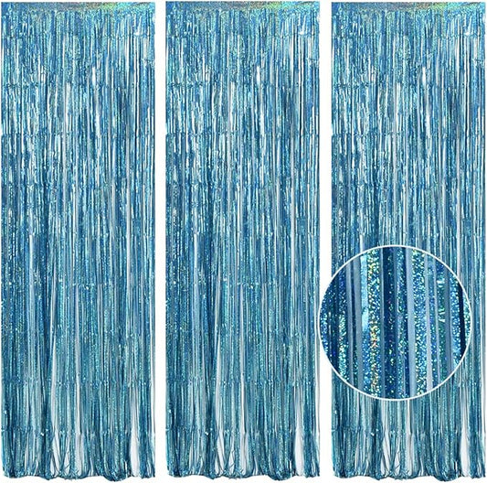 TONIFUL 3Pcs Laser Light Blue Door Streamers,Laser Blue Photo Booth Backdrop Metallic Streamers Blue Foil Fringe Curtains for Birthday,Christmas,New Year,Bachelorette,Grad Party Decor(9.9ft x 6.6ft)