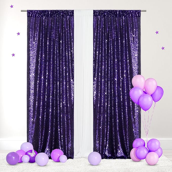 Eternal Beauty Purple Sequin Backdrop Curtains, Halloween Shimmer Back Drop 2Panels-2FTx8FT for Christmas, Party, Birthday, Photography, Wedding, Baby Shower Event Decoration