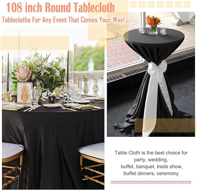 6 Pack Round Tablecloths - 108 Inch, Black Polyester Table Cover for Round Table, Stain and Wrinkle Resistant Washable Fabric Table Cloth, Polyester Tablecloth for Wedding Banquet Parties