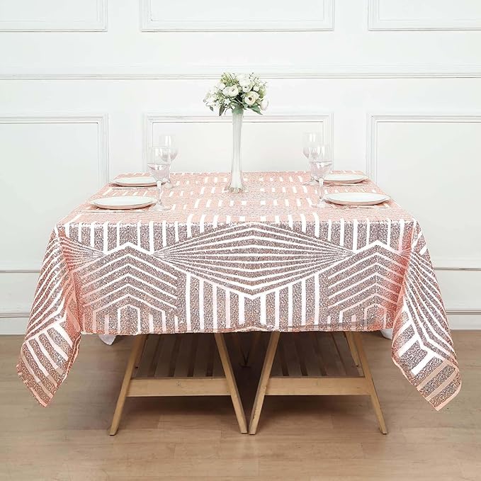 Efavormart 72" Blush Rose Gold Sparkly Sequin Geometric Tulle Square Table Overlay