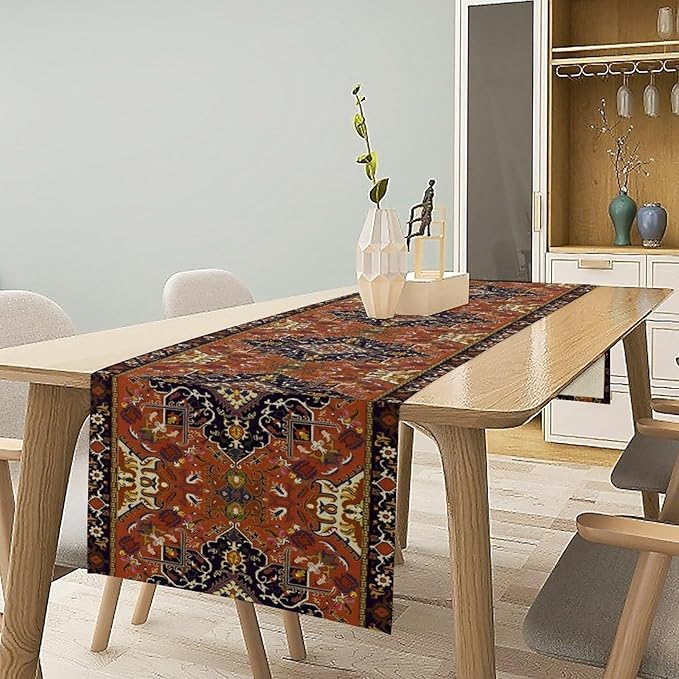 Vintage Boho Orange Table Runner, Country Rustic Farmhouse Magical Abstract Print Pattern for Home Kitchen Table Decor Dining Coffee Room Garden Party Decor 13x120in