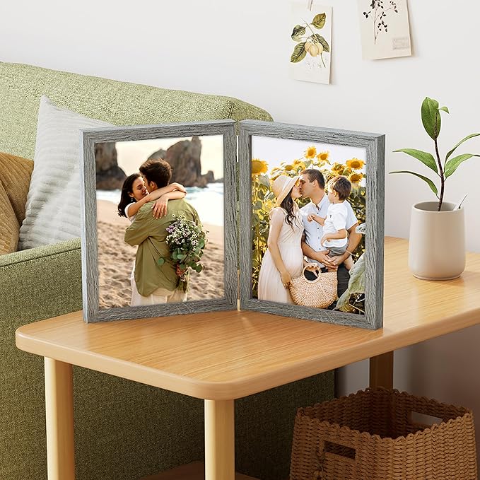 decorUhome Double 8x10 Picture Frame Vertical, Engineered Wood Bifold Photo Frame with Plexiglass for Tabletop Display, 8x10, Grey