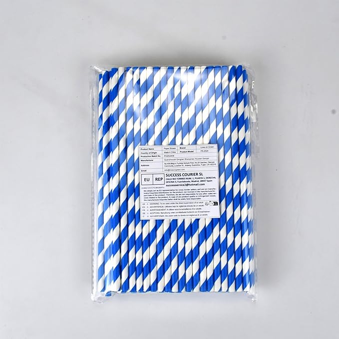 Blue Stripes Disposable Paper Party Straws for Drinking 7.75 inch 100 Counts, Compostable - for Cocktail, Coffee, Juice