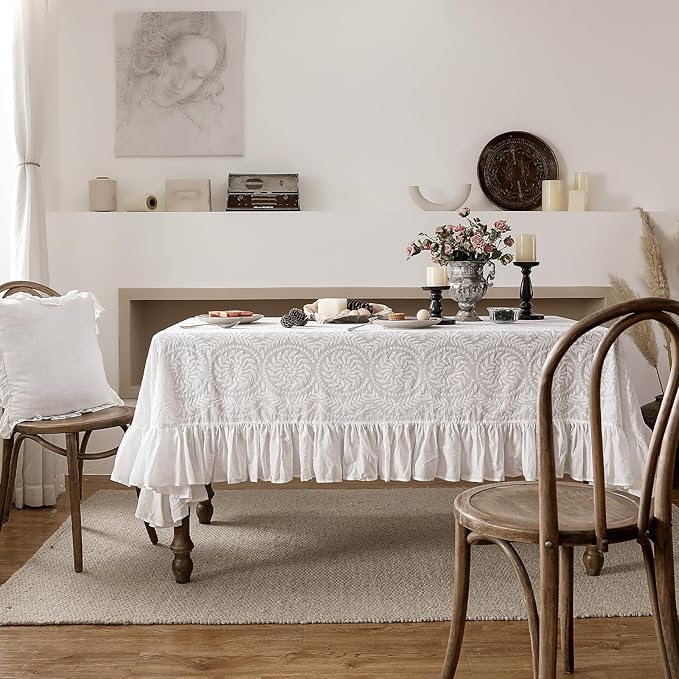 patdrea Vintage Ruffle Tablecloth for Square Tables,Farmhouse Embroidered Cotton White Lace Table Cloth Cover Decor for Dining Room Wedding Banquet Thanksgiving Christmas,67"*67"