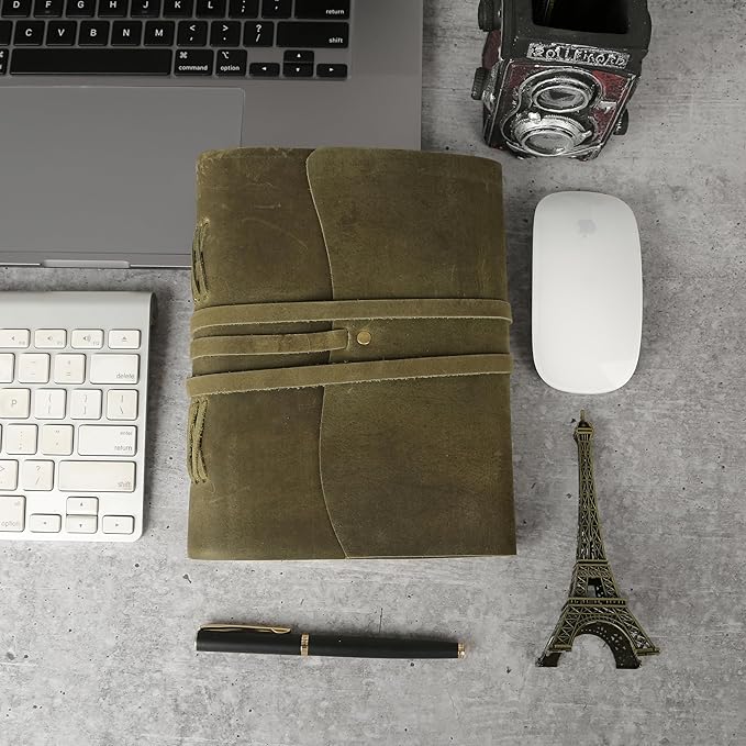 Handmade Leather Journal 7x5 Inch | Green Vintage Notebook with Unlined Pages | Cotton Recycled Paper | Antique Travel Diary, Sketchbook, Writing Journal for Men & Women