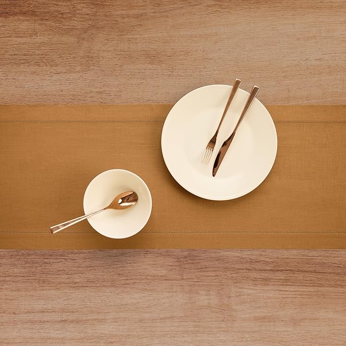 Solino Home Linen Brown Sugar Table Runner 144 Inches Long - 100% Pure Linen Extra Long Table Runner 14 x 144 Inch for Fall, Autumn, Thanksgiving - Classic Hemstitch