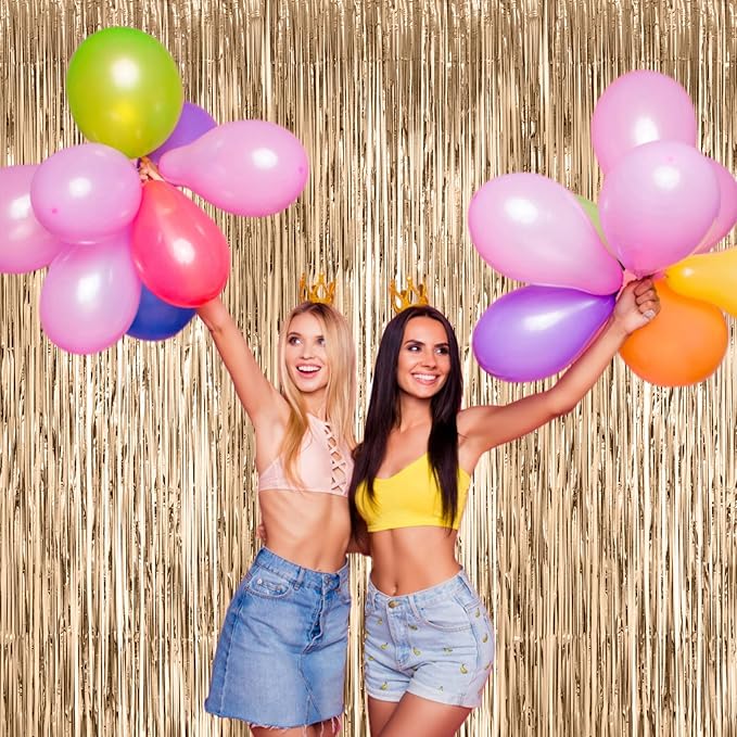 3 Pack 3.3x8.2 Feet Champagne Foil Fringe Backdrop Curtains, Tinsel Streamers Birthday Party Decorations, Fringe Backdrop for Graduation, Baby Shower, Gender Reveal, Disco Party