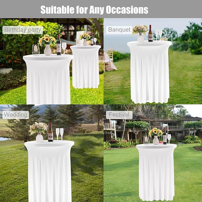 6 Pack Round Cocktail Tablecloth 32"x 43" Spandex Cocktail Table Skirt, Washable Stretch Fitted Table Covers for High Top Bar,Wedding,Party,Events (White)