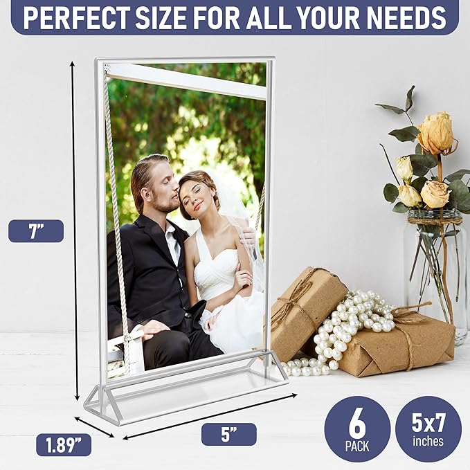 Silver Picture Frames Double-Sided, 6-Pack 5x7 Acrylic Table Number Holders, Clear Easel Stands for Signs, Silver Frames for Wedding Table Numbers, Menu Holders, Photo Displays for Events and Décor