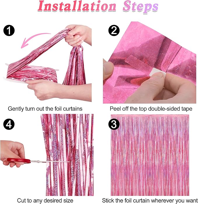 8 Pack Pink Backdrop, 3.28 FT x 7.05 FT Fringe Curtains, Metallic Glitter Pink Fringe Party Streamer Foil Curtains Tinsel Backdrop, Pink Decorations Bachelorette Party Supplies Birthday Decor
