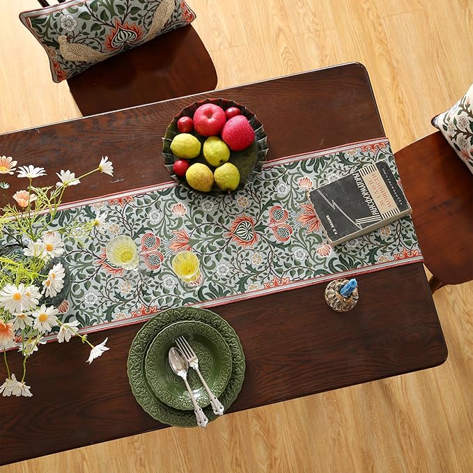 ISAENNE Designer French Green Elegant Linen Table Runner 87 Inches Long,Colorful Flower Pattern Soft Table Runners for Dining Tables,Thanksgiving,Kitchen Tables,Christmas,12"*87"-Naples B