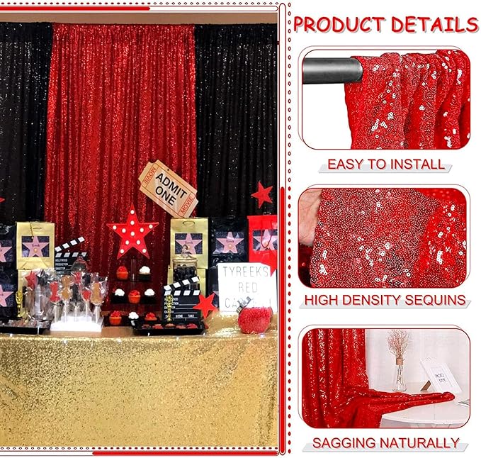 Red Sequin Curtain 8FTx8FT 1 Panel Glitter Metal Background Drape Shimmer Wall Backdrop Curtain for Parties Photography Weddings Showers Christms Festivals