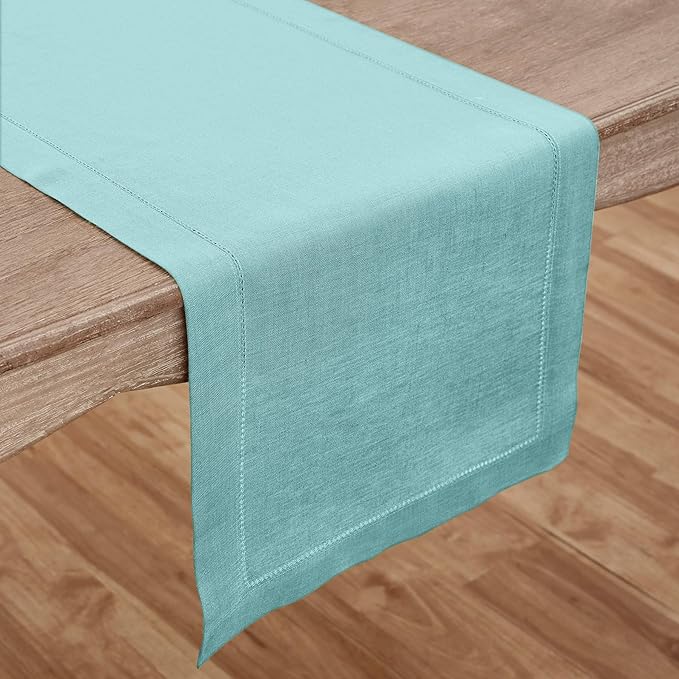 Solino Home Linen Aqua Blue Table Runner 72 Inches Long - 100% Pure Linen Hemstitch Table Runner 14 x 72 Inch for Dresser, Dining - Classic Hemstitch