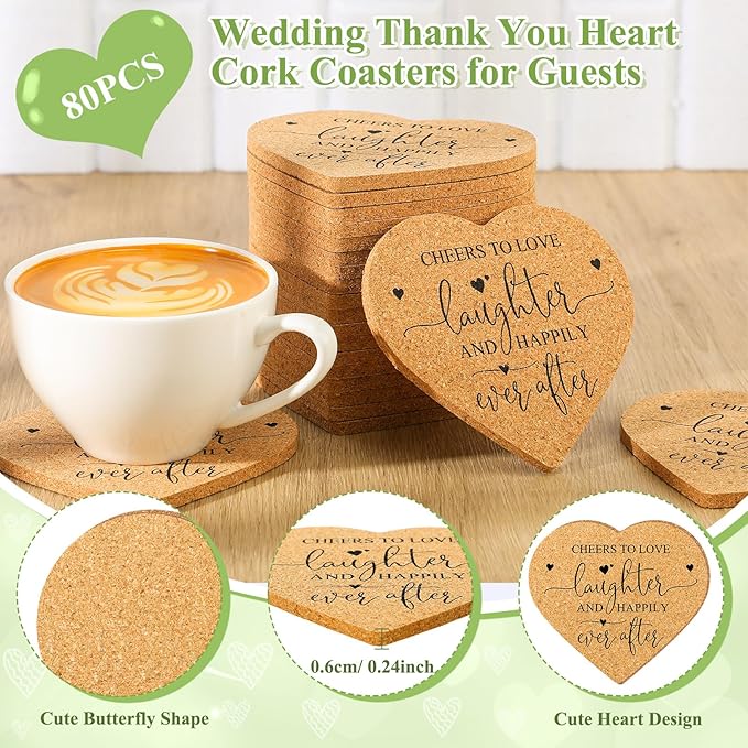 Uiifan 80 Set Wedding Favors for Guest Coaster Gifts Bulk Heart Shaped Coasters Thank You Cards Organza Bags Guest Souvenirs for Wedding Party Bridal Favors