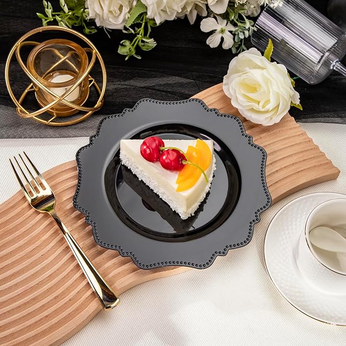 COLOSUS 100pcs Black Plastic Dessert Plates - 7.5 Inch- Heavy Duty Disposable Plastic Appetizer/Salad/Cake Plates for Party Wedding Birthday and Everyday Use