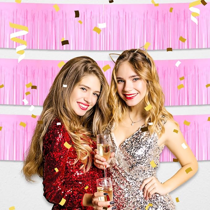 4 Pack 10 Feet Macaron Pink Foil Fringe Garland Metallic Tinsel Streamers Banner Wall Hanging Curtain Backdrop for Parade Floats, Wedding, Graduate, Mother's Day, Birthday Party Decoration