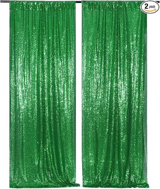 Poise3EHome 2Pcs 3Ft x 8Ft Green Sequin Backdrop Curtain, Glitter Photography Background, Sequence Xmas Thanksgiving Backdrop