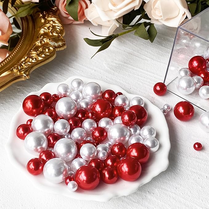 300Pcs Red&White Polished No Hole Pearl Beads Vase Filler, Christmas Vase Filling Decorations, Plastic Pearls, Table Scatters, Wedding Home Decor, 8/14/20 mm