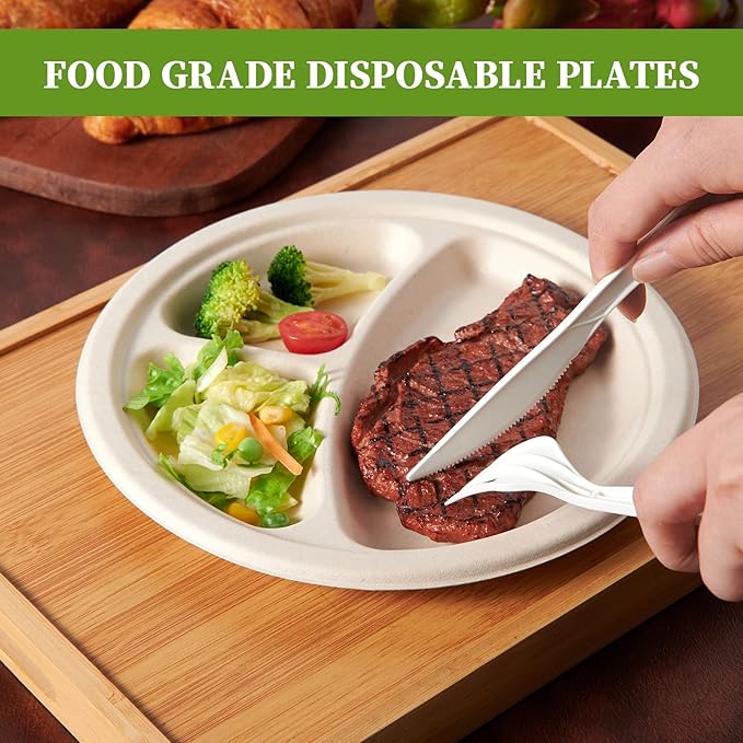 ECOLipak 125 Pack Compostable 3 Compartment Plates, 8.85 inch Heavy-Duty Disposable Paper Plates, Eco-Friendly Biodegradable Sugarcane Bagasse Divided Plate for Dinner