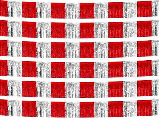 6 Pack 10 Feet Red Silver Foil Fringe Garland Metallic Tinsel Streamers Banner Wall Hanging Curtain Backdrop Banner for Parade Floats, Thanksgiving, Christmas, Birthday, Halloween Party Decorations
