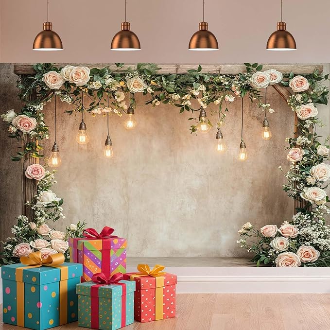 8x6ft Country Wedding Photography Backdrop Floral Rustic Roses Farmhouse Wooden Door Backdrop Pink Flower Birthday Baby Shower Wedding Bridal Party Banner Photo Booth Props Anniversary Background