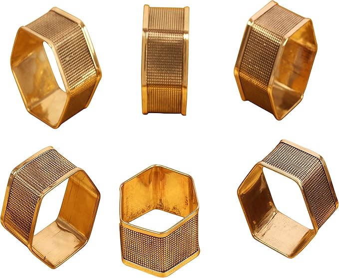 Brass Base Artistic Handcrafted Beautiful Geometric Hexagon Shape Large Size Party Dining Table Napkin Holders in Antique Gold Tone. (Set of 6).