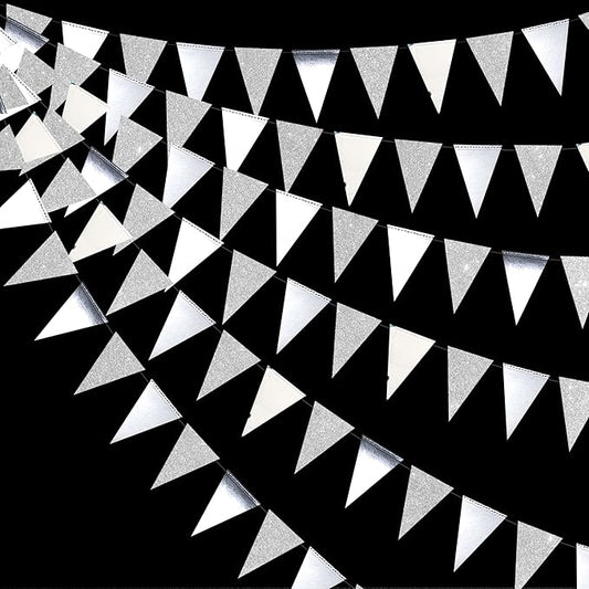 30 Ft Silver Party Decorations Glitter Metallic Paper Triangle Banner Flag Garland Pennant Bunting for Graduation Wedding Engagement Anniversary Bachelorette Birthday Baby Bridal Shower Party Supplies