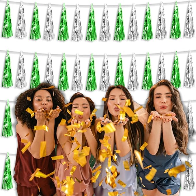 4P Green Silver Foil Fringe Tassel Banner Garland Metallic Tinsel Streamers Wall Hanging Curtain Backdrop Banner for Parade Floats, 2024 Graduation Decorations, Father's Day Party Decoration