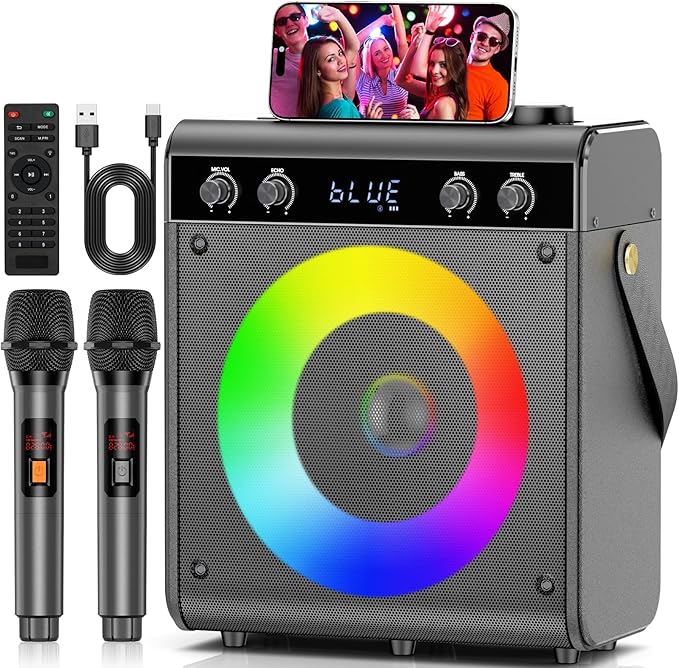 Karaoke Machine with 2 Wireless Microphones, Portable Bluetooth Speaker for Adults Kids with Bass Treble Echo PA System with Remote,LED Light, Supports TF Card,USB,AUX in,TWS,FM,REC for Party