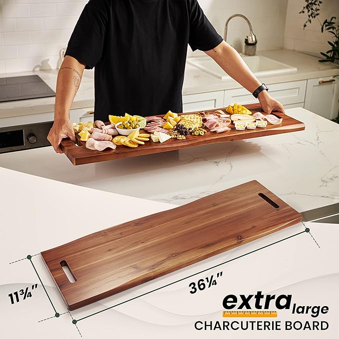 36" Large Acacia Wood Charcuterie Board with Handles - Extra Long Wooden Serving Cheese Boards - Rectangular Serving Platter for Meat Steak, Cracker Appetizers, Fruit Decorative Display Party