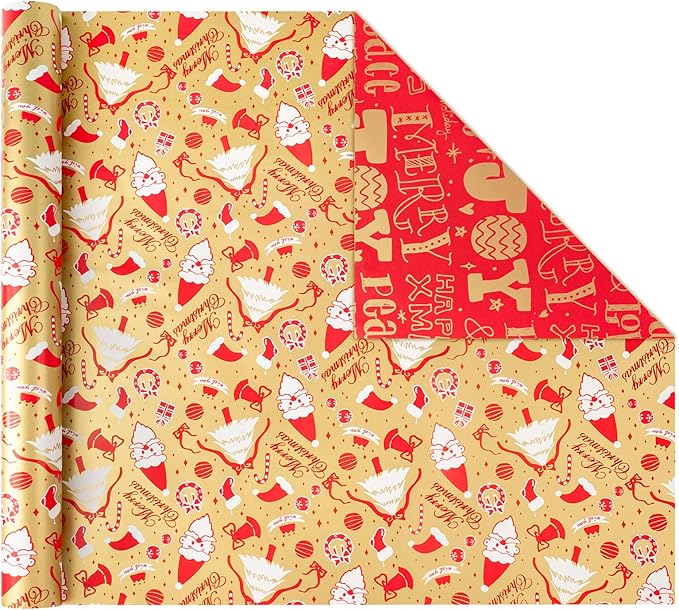 Christmas Gift Wrapping Paper Rolls,3 Rolls 17inches x 198inches Reversible Gift Wrapping Paper, Red Gold White Wrapping Paper, Snowflakes, Stripes, Plaid, Santa hat, Christmas decorations